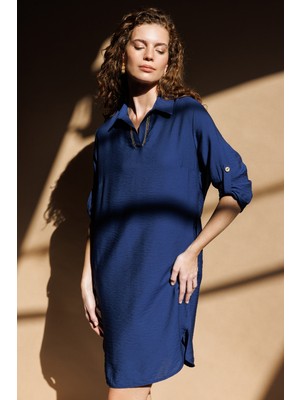 Desen Triko Kadın Yakası Yaldız Işlemeli Elbise Lacivert