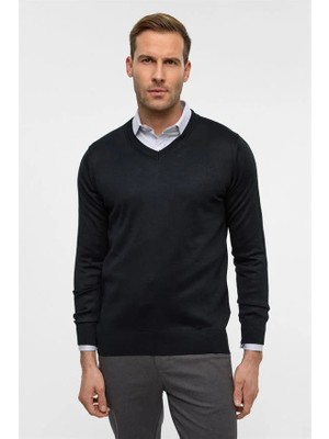 Süvari Siyah Regular Düz V Yaka Kazak