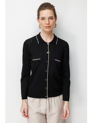 Desen Triko Kadın Polo Yaka Ajurlu Araboy Ince Triko Hırka Siyah