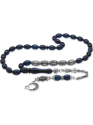 Tesbihane Kararmaz Metal Püsküllü Kişiye Özel Isim Yazılı Lacivert Sıkma Kehribar Tesbih