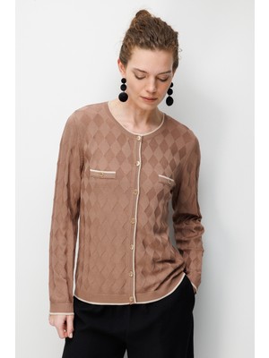 Desen Triko Kadın Sıfır Yaka Küçük Baklava Desenli Ince Triko Hırka Moka