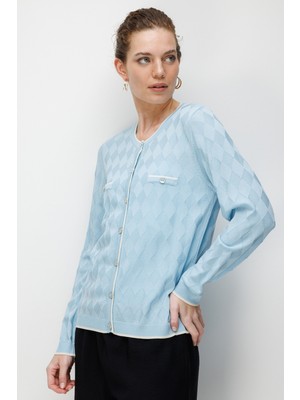 Desen Triko Kadın Sıfır Yaka Küçük Baklava Desenli Ince Triko Hırka B.mavi