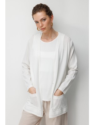 Desen Triko Kadın V Yaka Etek Ucu Baklavalı Önü Açık Ince Triko Hırka Kemik