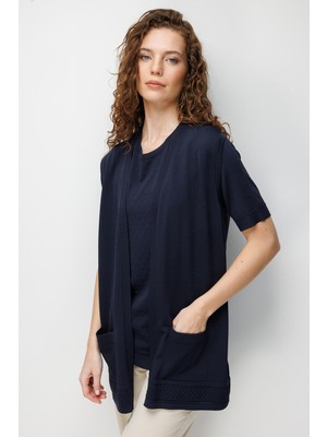 Desen Triko Kadın Etek Ucu Baklavalı Triko Yelek K.lacivert