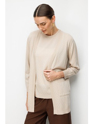 Desen Triko Kadın Desenli Ince Triko Hırka Bej