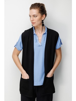 Desen Triko Kadın Etek Ucu Baklavalı Triko Yelek Siyah