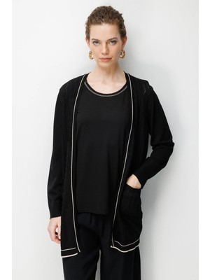 Desen Triko Kadın V Yaka Ajurlu Önü Açık Ince Triko Hırka Siyah