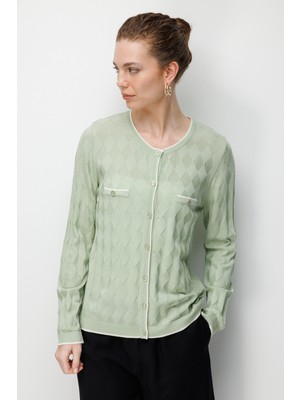 Desen Triko Kadın Sıfır Yaka Küçük Baklava Desenli Ince Triko Hırka S.yeşili