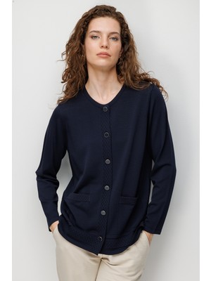 Desen Triko Kadın Sıfır Yaka Cebi ve Eteği Baklavalı Ince Triko Hırka K.lacivert