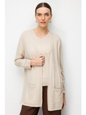 Desen Triko Kadın V Yaka Etek Ucu Baklavalı Önü Açık Ince Triko Hırka Bej