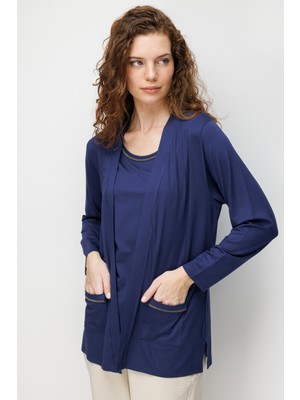 Desen Triko Kadın V Yaka Yakası ve Cep Üstü Zincirli Penye Hırka Lacivert