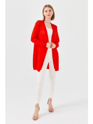 Desen Triko Kadın Önü Ajurlu Uzun Yazlık Hırka Kırmızı