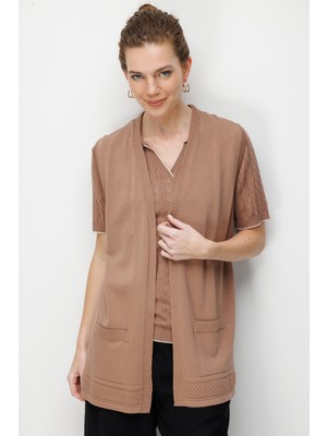 Desen Triko Kadın Etek Ucu Baklavalı Triko Yelek Moka