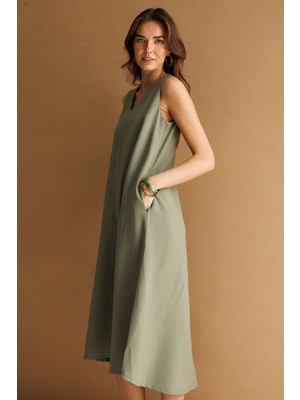 Desen Triko Kadın V Yaka Askılı Uzun Keten Elbise Haki