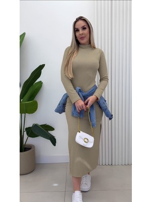 Sidelya Concept Kadın Uzun Kollu Balıkçı Yakalı Yanlardan Yırtmaçlı Kaşkorse Maxi Elbise