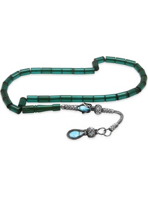 Tesbihane 1000 Ayar Gümüş Kazaz Püsküllü Kesme Kesim Petrol Yeşili-Siyah Ateş Kehribar Tesbih