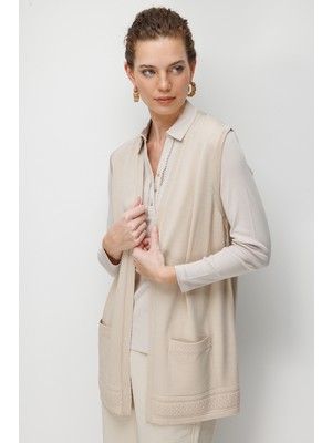 Desen Triko Kadın Etek Ucu Baklavalı Triko Yelek Bej
