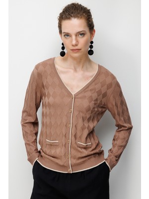 Desen Triko Kadın V Yaka Küçük Baklava Desenli Ince Triko Hırka Moka