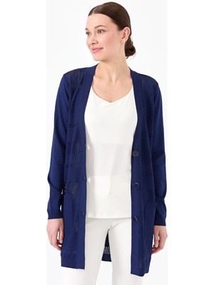 Desen Triko Kadın Triko V Yaka Yazlık Hırka Lacivert