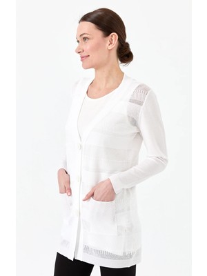 Desen Triko Kadın Triko V Yaka Yazlık Hırka Ekru