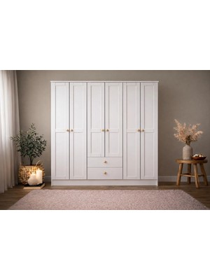Spring 6 Kapaklı Gardırop - Mat Beyaz - Çekmeceli - Raflı - Boyalı Kapak