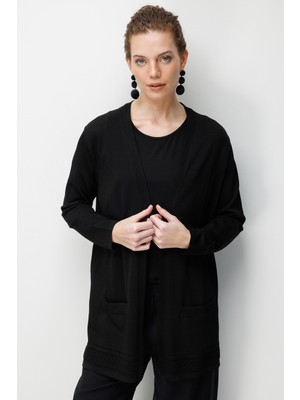 Desen Triko Kadın V Yaka Etek Ucu Baklavalı Önü Açık Ince Triko Hırka Siyah