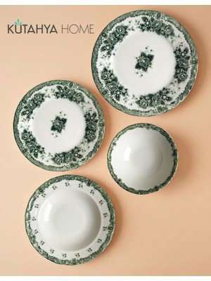 Kütahya Home Green Romance 24 Parça Desenli Porselen Yemek Takımı – Şık Sofra Seti Yeşil Vintage