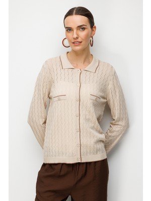 Desen Triko Kadın Polo Yaka Ajurlu Araboy Ince Triko Hırka Bej