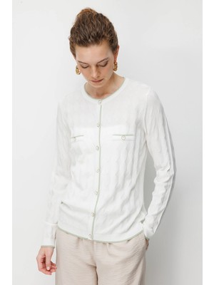 Desen Triko Kadın Sıfır Yaka Küçük Baklava Desenli Ince Triko Hırka Kemik