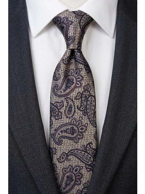 Kravatkolik Bej - Kahve Şal Desen Mendilli Klasik Kravat KK13301