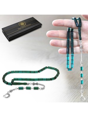 Tesbihane Kararmaz Metal Püsküllü Kesme Kesim Petrol Yeşili-Siyah Ateş Kehribar Tesbih