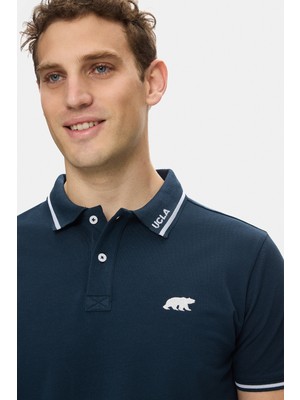 Ucla Fahr Lacivert Polo Yaka Nakışlı %100 Pamuk Standard Fit Erkek Tshirt