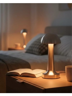 Eilo Luxe Mantar Masa Lambası Dokunmatik 3 Renk Işık Şarjlı Kablosuz Modern Krom Tasarım - AA002C-68BK1