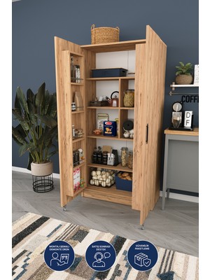 Dekorfim DF15105B Çok Amaçlı Ayarlanabilir Mutfak Dolabı, Tekerlekli, Raf Sistemli Geniş Hacimli Kiler Atlantik Çam