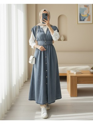 Modamorfo Boydan Düğmeli V Yaka Sıfır Kol Kot Jile -Buz Mavi