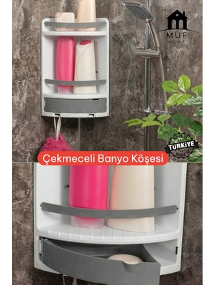 Muf Home Qlux Ideas Çekmeceli Banyo Köşe Rafı Organizeri - Duvara Monte Paslanmaz Şampuanlık Lif Askılı