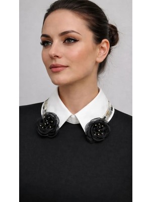 Uretti - Sümeyya 2589 8737 El Yapımı Çiçekli Boncuklu Beyaz Seyyar Yaka - Taş Işlemeli Choker Kolye