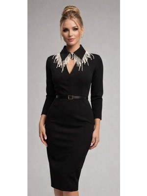 Uretti - Sümeyya 2589 2674 El Yapımı Sallantılı Inci Işleneli Siyah Seyyar Yaka - Boncuklu Choker Kolye