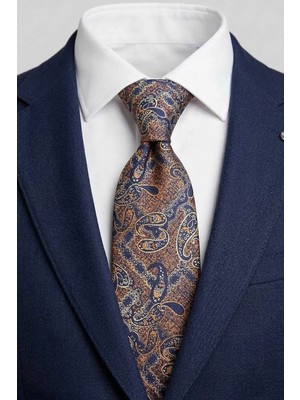 Kravatkolik Lacivert - Turuncu Şal Desen Mendilli Klasik Kravat KK13128