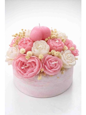 Bead Dekoratif Pembe ve Beyaz Çiçekli Mum Aranjmanı Large – Romantik Hediye, Masa Üstü Ev Dekorasyonu