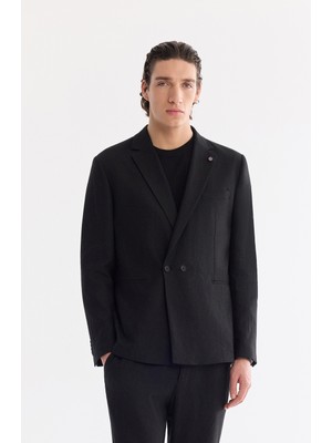 AVVA Erkek Siyah Mono Yaka Keten Karışımlı Tek Düğme Comfort Fit Ceket A61Y4004