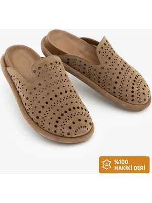 Marjin Kadın Hakiki Deri Delikli Geometrik Desenli Sabo Günlük Terlik Yofin Camel Süet