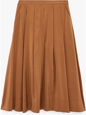 Koton Modal Kumaş Cepli Pileli Çizgili Midi Kloş Etek