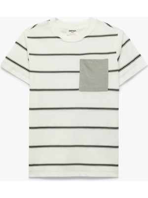Koton Pamuklu Cep Detaylı Kısa Kollu Bisiklet Yaka Çizgili Tişört