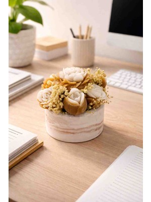 Bead Taş Saksı Kahverengi Beyaz Mum Aranjmanı – Dekoratif El Yapımı Masa Üstü Ofis & Ev Dekoru
