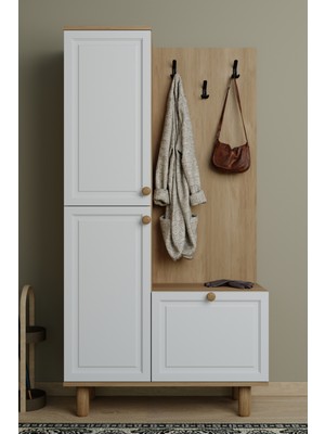 Midoser Forma Membran Kapaklı Portmanto 6 Raflı Askılıklı Ayakkabılık Raflı Vestiyer Beyaz - Meşe