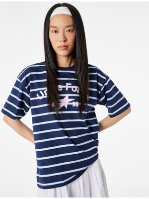 Koton Rahat Kalıp Kısa Kollu Bisiklet Yaka Çizgili Pamuklu Tişört