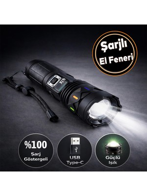 Nzb Şarjlı LED El Feneri Power Bank Kamp Balıkçılık Hobi Güçlü Işık Taşınabilir Pil Göstergeli El Feneri