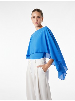 Koton Slim Fit Yuvarlak Yaka Tül Detaylı Asimetrik Kesim Pelerin Bodysuit