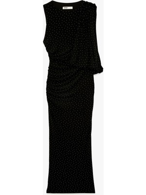 Koton Slim Fit Kolsuz Yuvarlak Yaka Uzun Taşlı Elbise